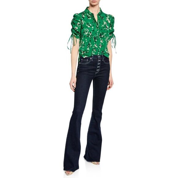 EUC Veronica Beard Carmine Ruched-Sleeve Silk Button-Front Blouse – Green Floral - Picture 3 of 7